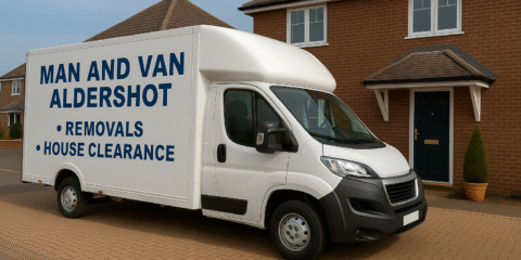 Man and Van Aldershot removals van parked outside a house – professional moving and house clearance service
