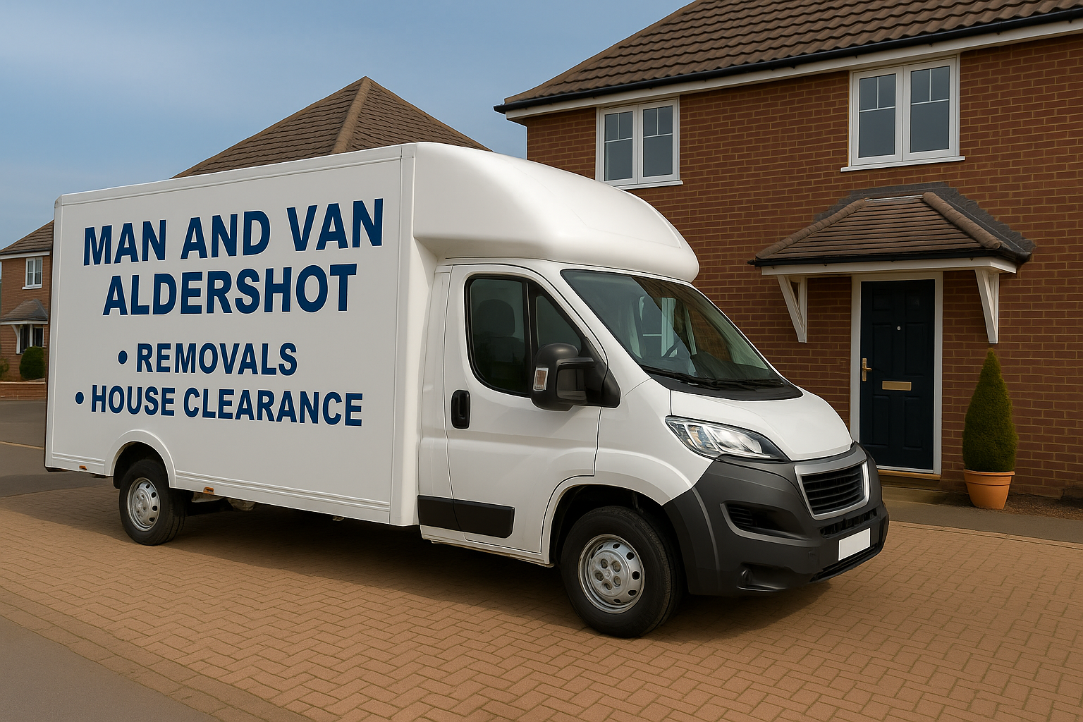 Man and Van Aldershot removals van outside a house – professional moving and house clearance service